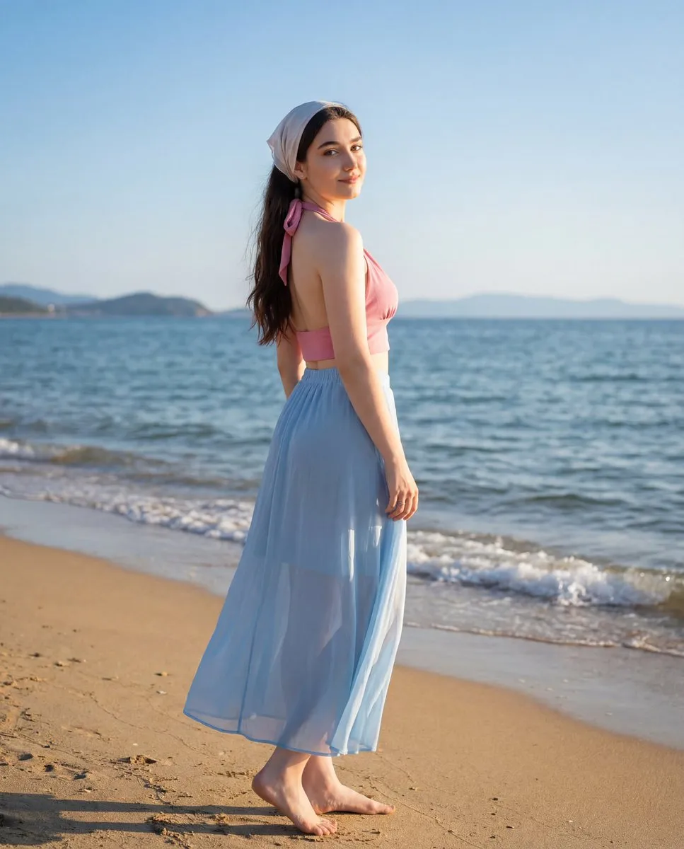 Summer Beach Fashion: Young Woman in Pink & Blue - Fashion, Photography - AI Generated Image