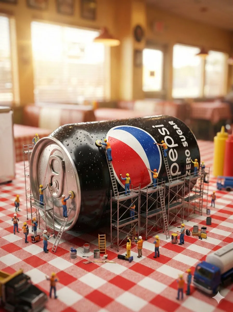 Miniature Construction Crew on Giant Pepsi Can in Diner Scene - 3D, Miniature - AI Generated Image