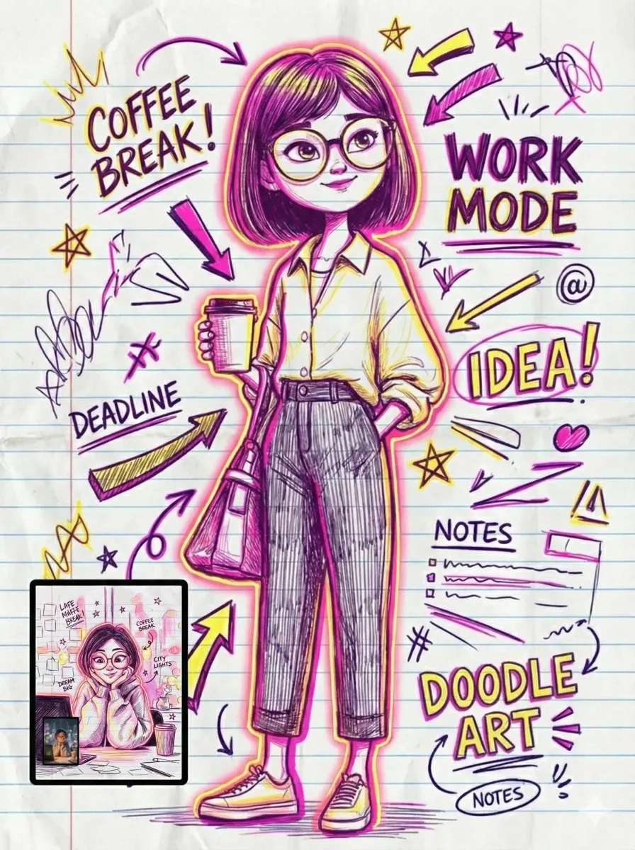 Doodle Art Work Mode: Young Woman Illustration, Coffee Break - Character, Design - AI Generated Image