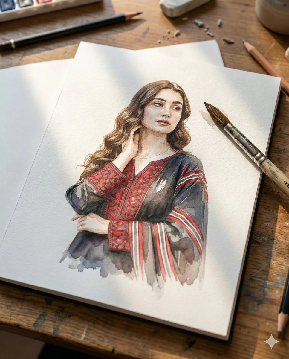 Realistic Watercolor Portrait of Woman in Traditional Dress - Character, Design - AI Generated Image