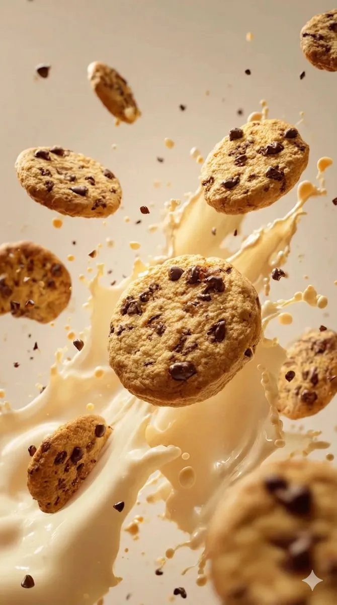 Dynamic Chocolate Chip Cookies & Milk Splash Food Photo - Food, Culinary - AI Generated Image