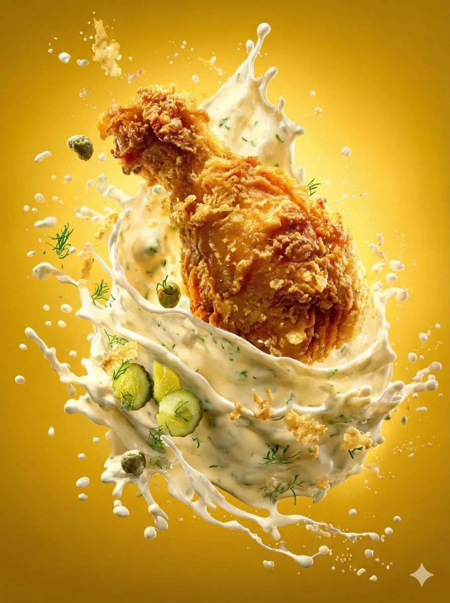 Golden Fried Chicken Splashing in Creamy Dill Sauce - Food, Culinary - AI Generated Image