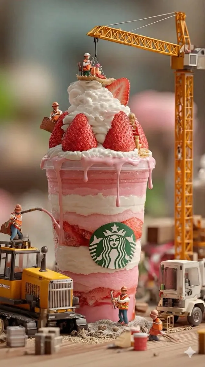 Whimsical Miniature Construction on Strawberry Drink - Food, Culinary - AI Generated Image