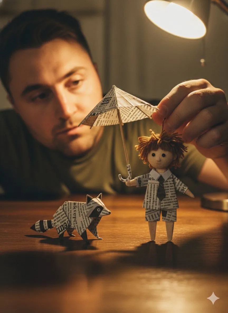 Man with Handcrafted Paper Art: Origami & Miniature Doll - 3D, Miniature - AI Generated Image