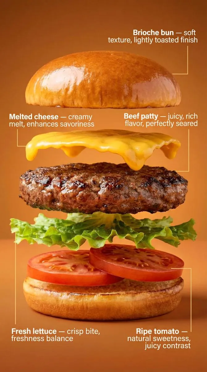 Delicious Burger Exploded View - Fresh Ingredients - Food, Culinary - AI Generated Image
