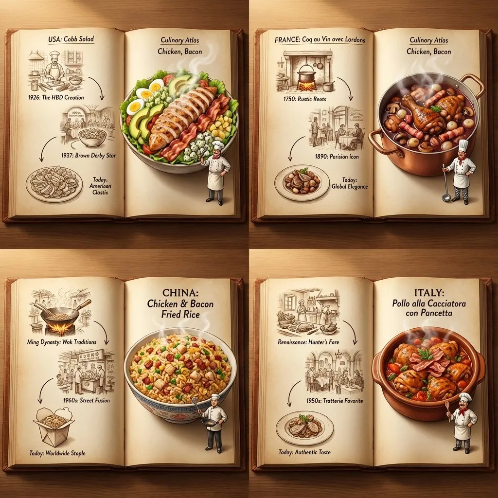 Culinary Atlas: Chicken & Bacon Dishes, Global Food History - Food, Culinary - AI Generated Image