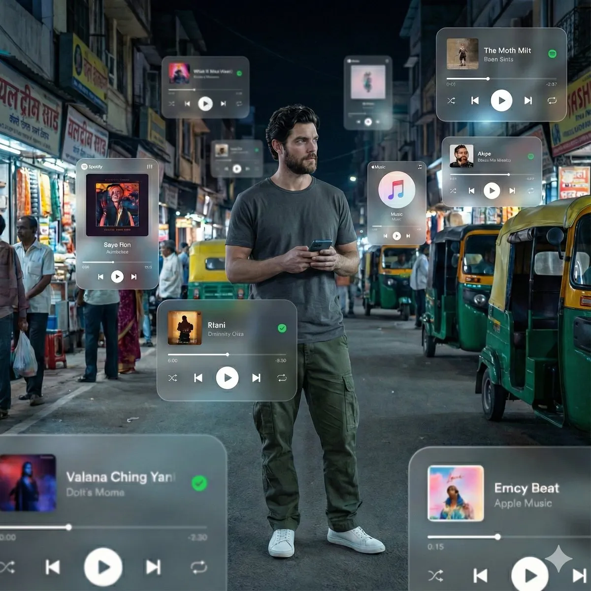 Man with Augmented Reality Music Players on Urban Street - Fantasy, Sci-Fi - AI Generated Image