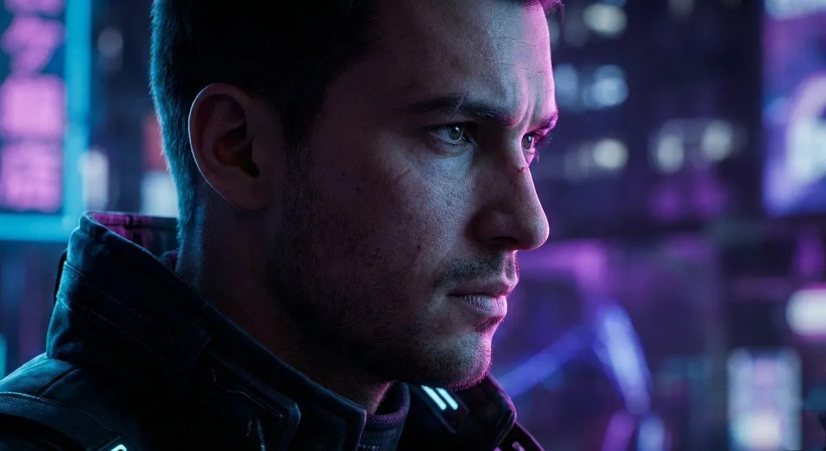 Sci-Fi Cyberpunk Male Character Portrait - Neon City Night - Fantasy, Sci-Fi - AI Generated Image