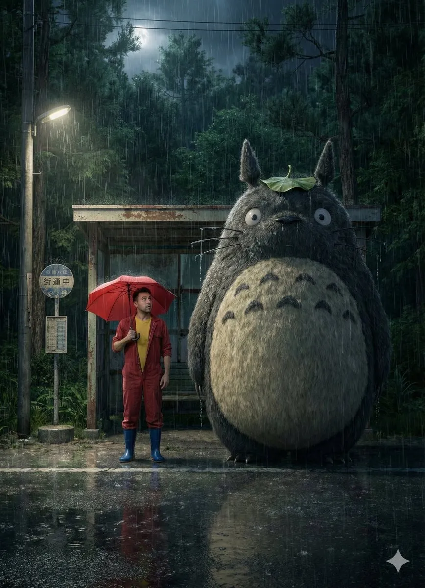 Totoro & Man at Rainy Bus Stop - My Neighbor Totoro Art - Fantasy, Sci-Fi - AI Generated Image