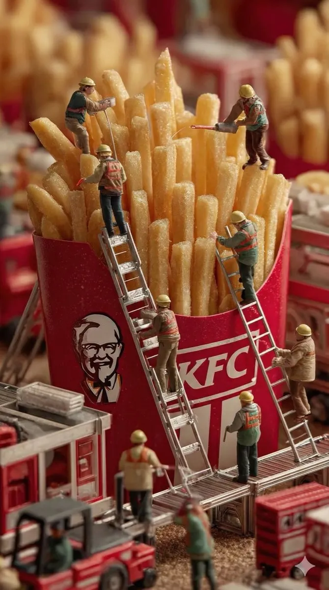 Photorealistic Miniature Construction on Giant KFC French Fries - 3D, Miniature - AI Generated Image
