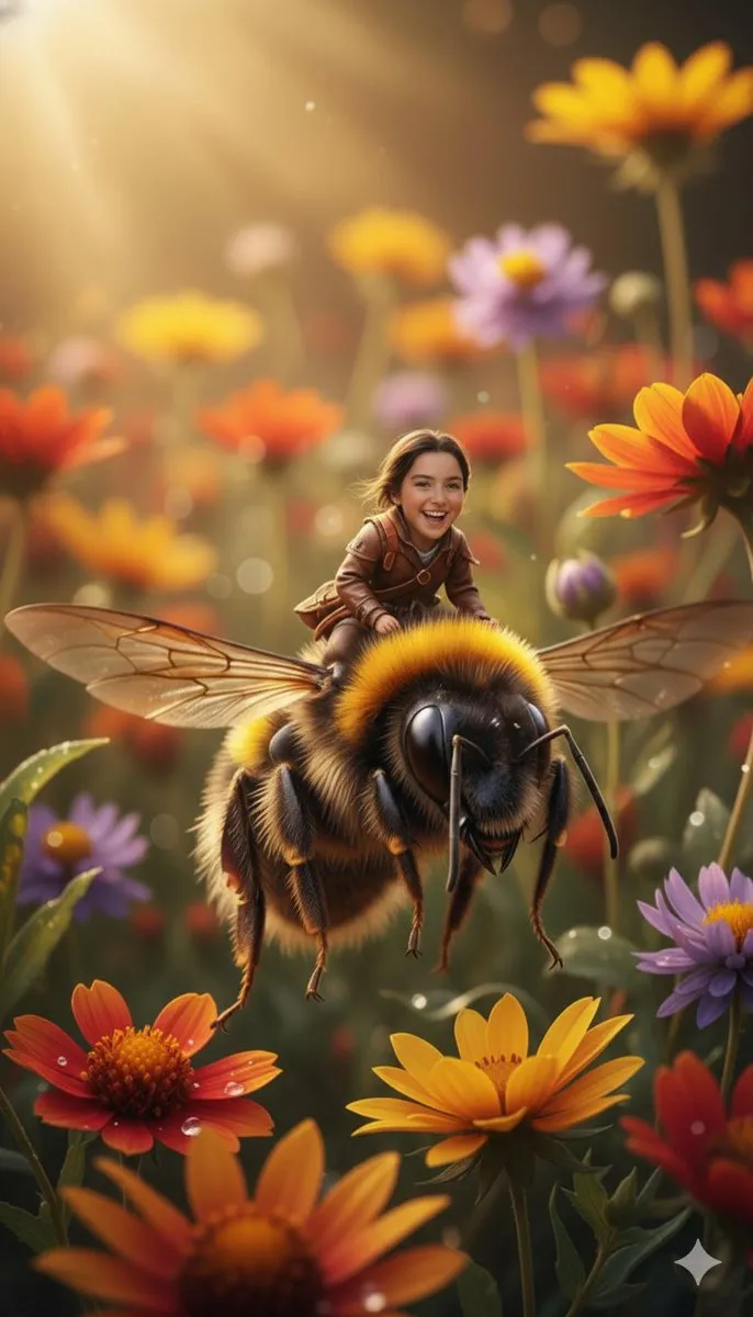Joyful Child Riding Giant Bee in Fantasy Wildflower Meadow - Fantasy, Sci-Fi - AI Generated Image
