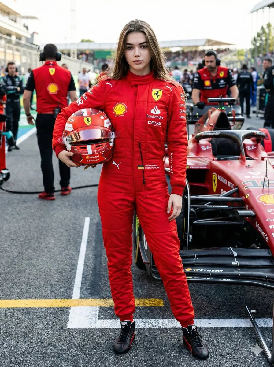 Woman in Ferrari F1 Racing Suit with Helmet on Race Track - Sports, Action - AI Generated Image