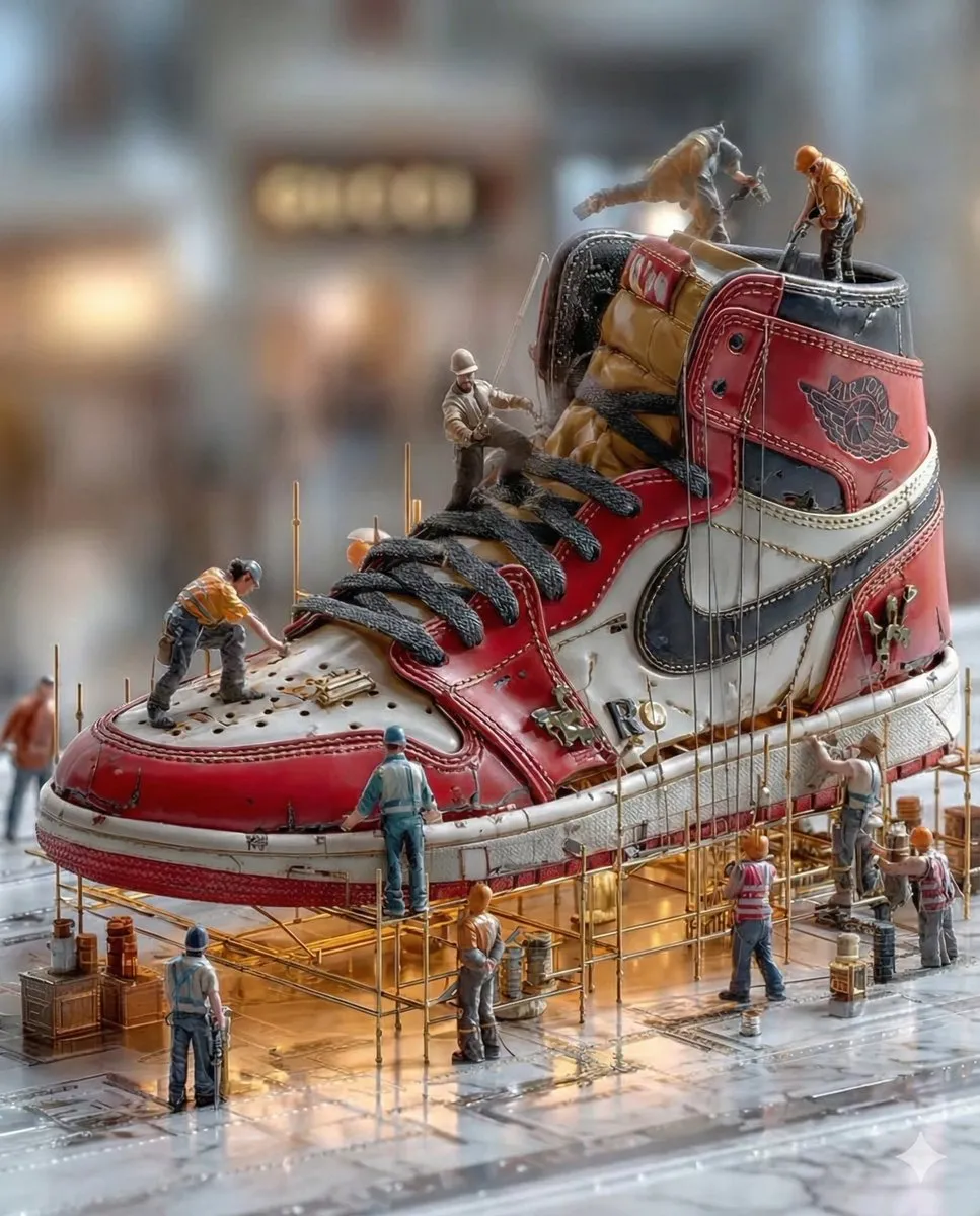 Miniature Construction on Air Jordan 1 Sneaker Art Diorama - 3D, Miniature - AI Generated Image