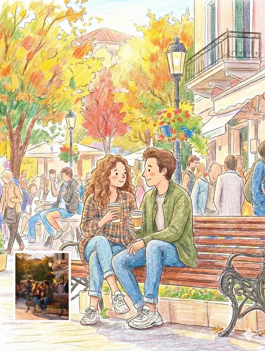 Cozy Autumn Couple Illustration in City Street Scene - Urban, Cityscape - AI Generated Image