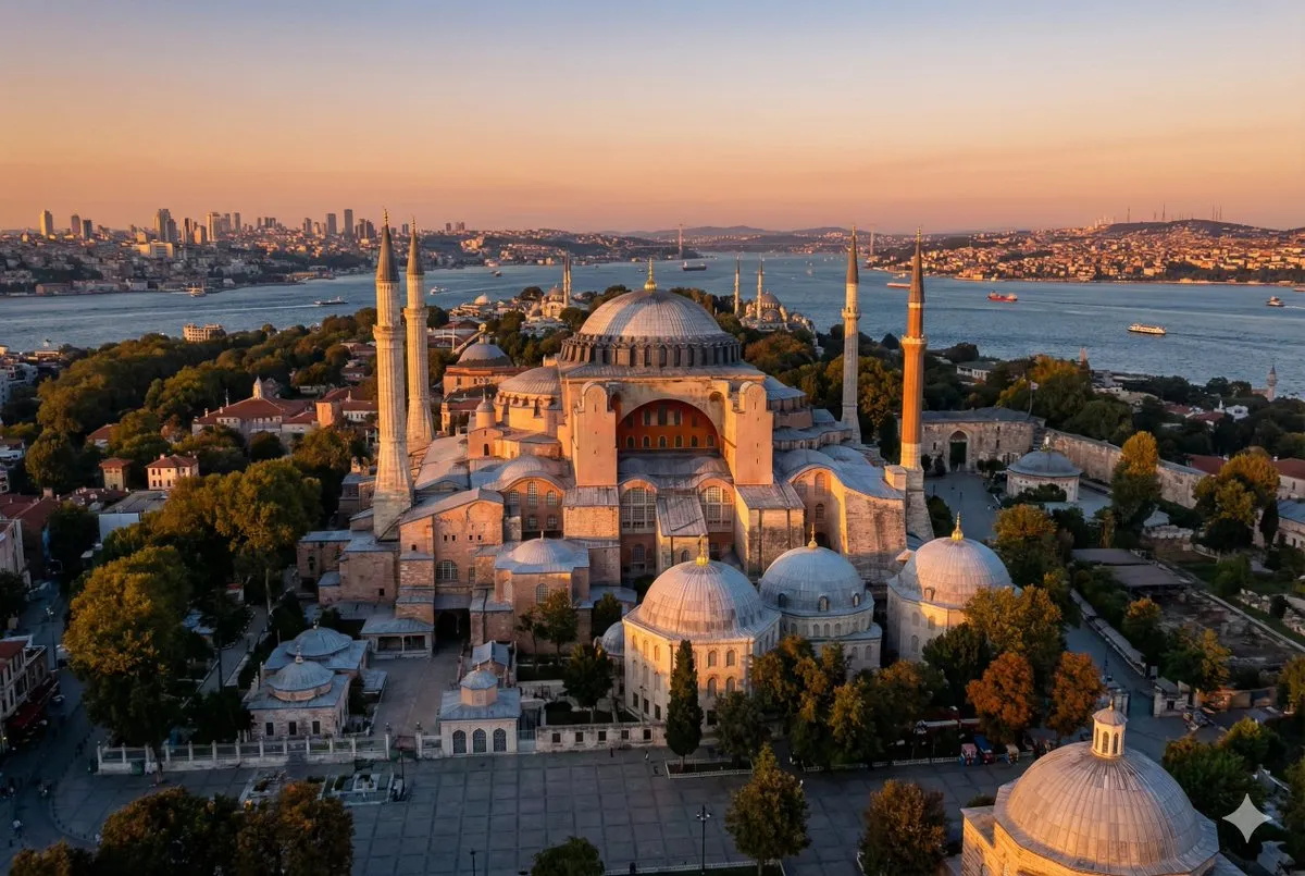 Hagia Sophia Istanbul Aerial Golden Hour Cityscape Bosphorus - Urban, Cityscape - AI Generated Image