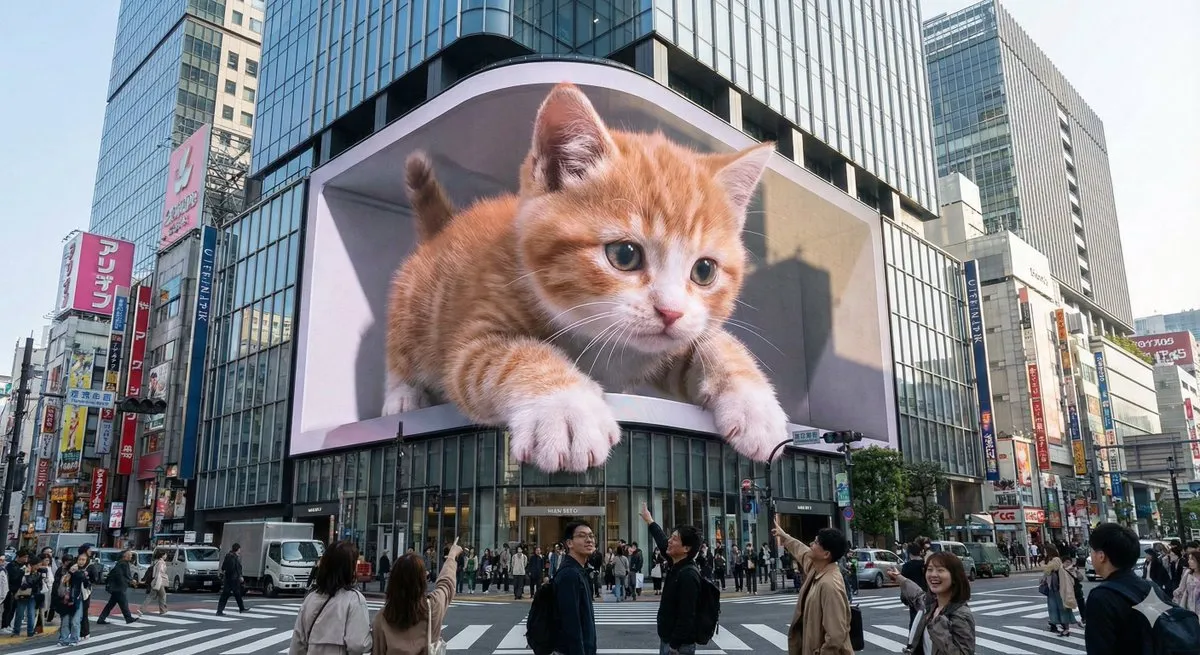 Giant 3D Kitten Billboard in Tokyo Cityscape - Shibuya - Urban, Cityscape - AI Generated Image