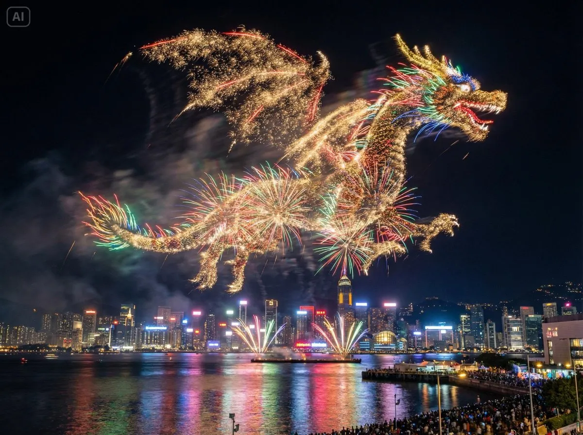 Spectacular Dragon Fireworks over Vibrant City Skyline - Urban, Cityscape - AI Generated Image
