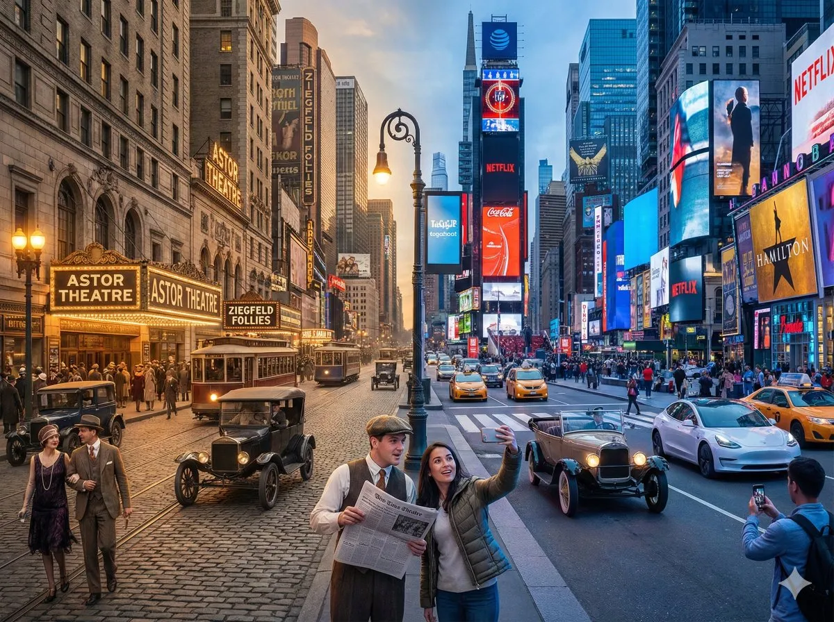 New York City Time Blend: Vintage 20s & Modern Times Square - Urban, Cityscape - AI Generated Image