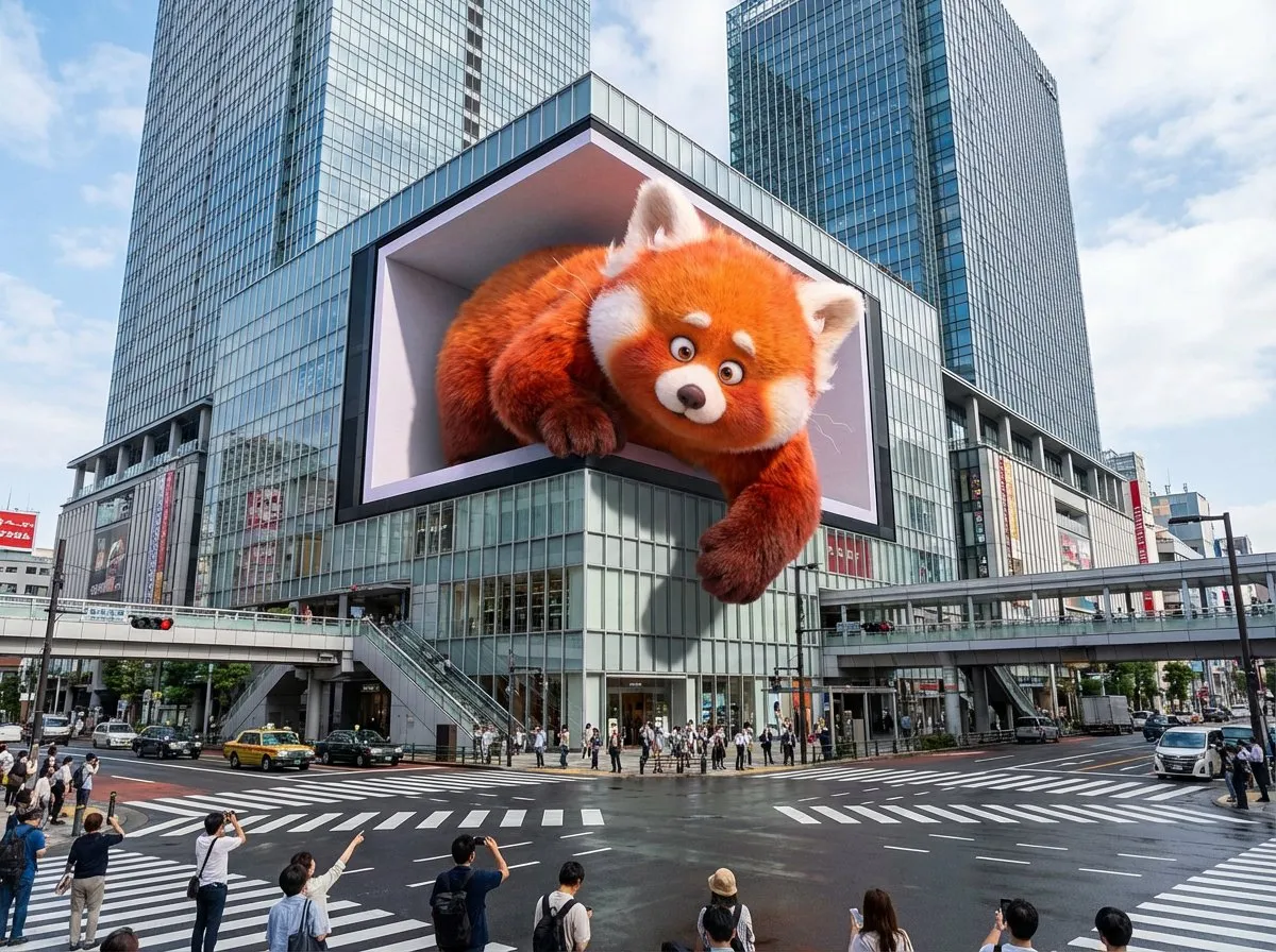 Giant 3D Red Panda Digital Billboard in Urban Cityscape - Urban, Cityscape - AI Generated Image