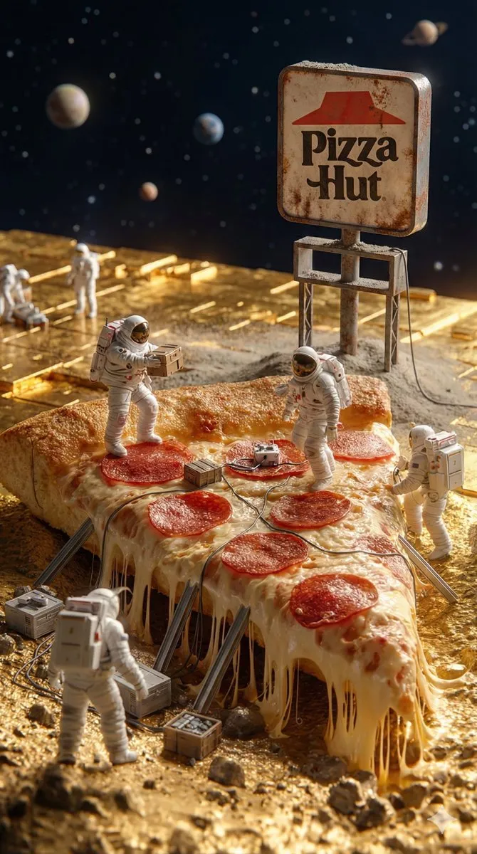 Miniature Astronauts on Pizza Slice in Space | 3D Render - 3D, Miniature - AI Generated Image