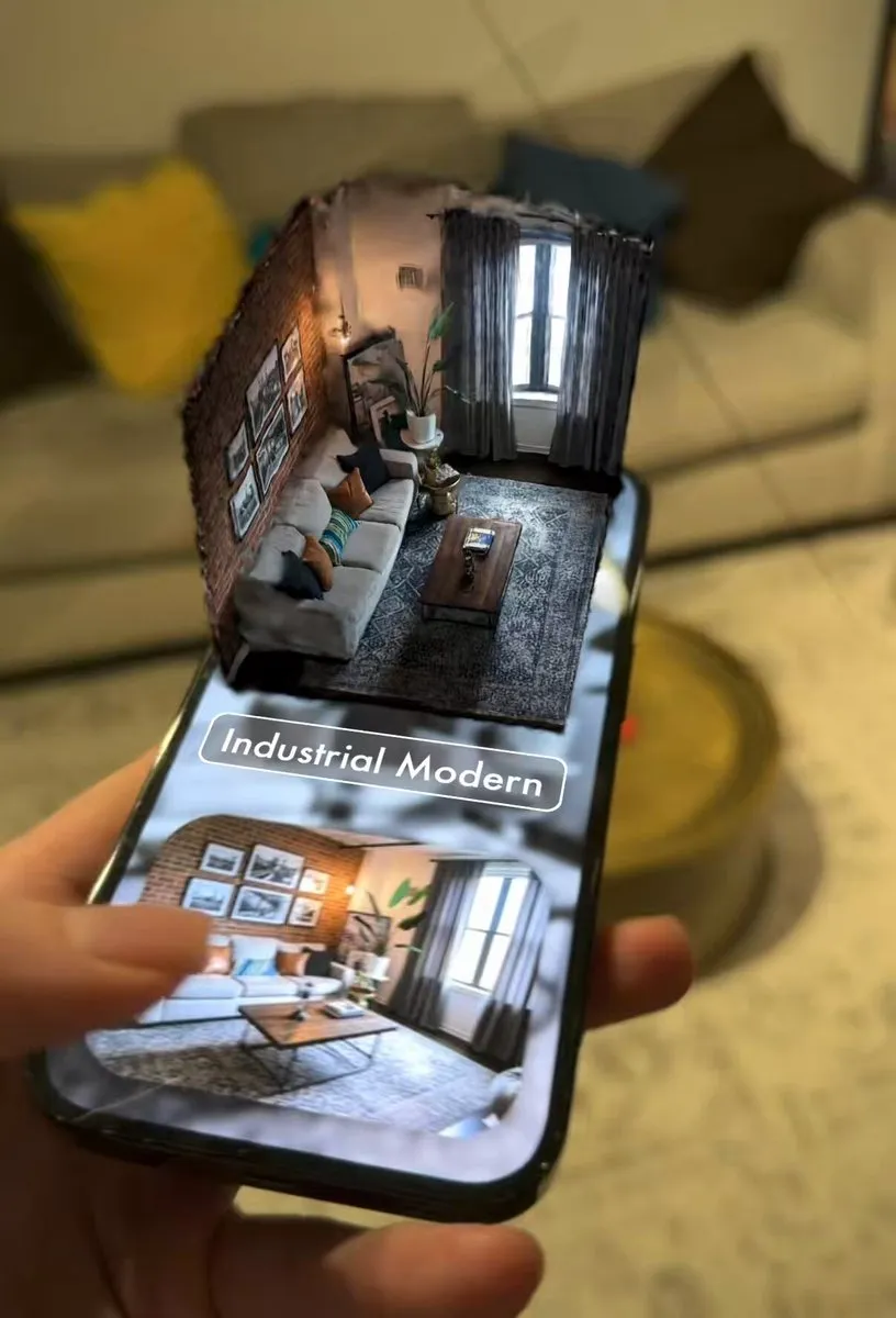 AR Interior Design: Industrial Modern Living Room on Phone - Architecture, Interior - AI Generated Image