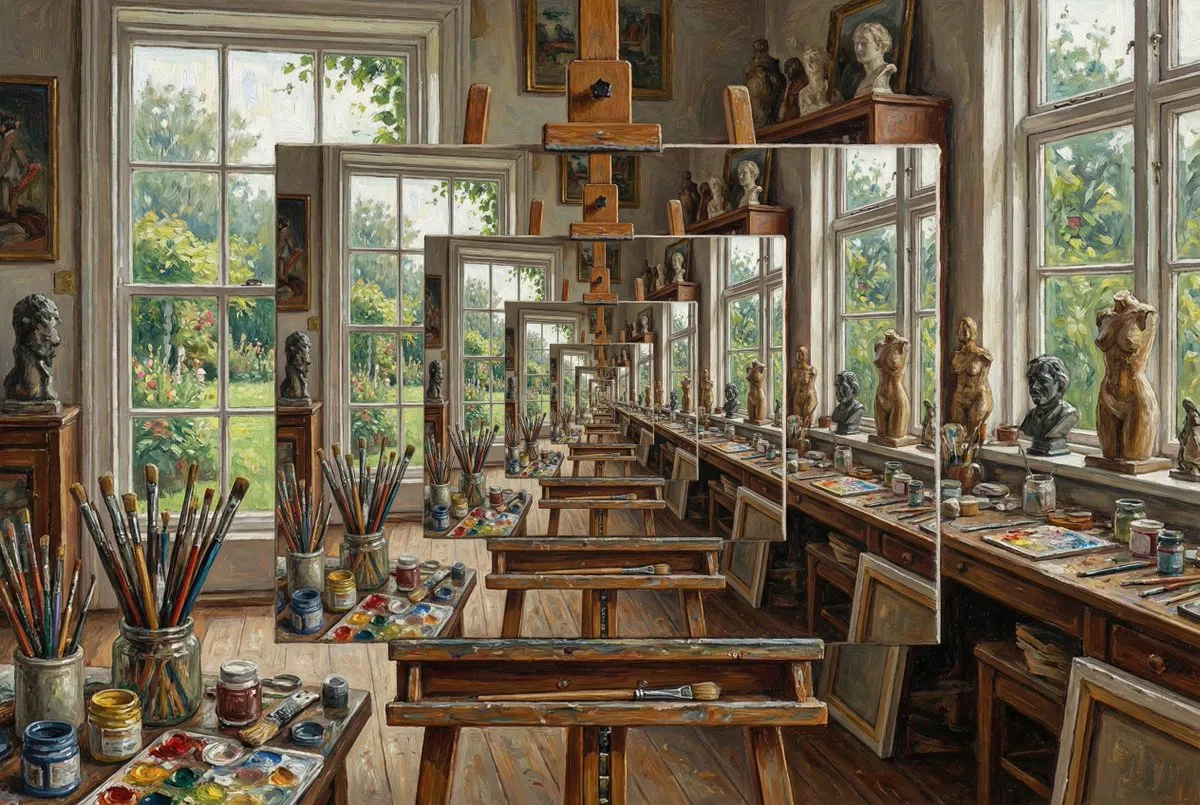 Art Studio Oil Painting with Infinite Loop & Easels - Architecture, Interior - AI Generated Image