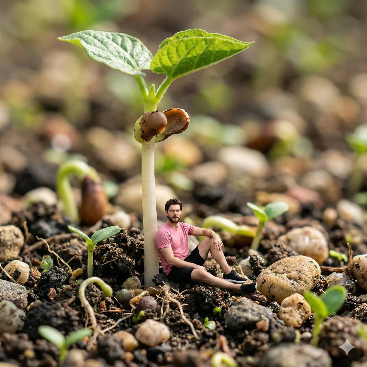 Miniature Man Resting on Plant Seedling - Photorealistic - Nature, Landscape - AI Generated Image