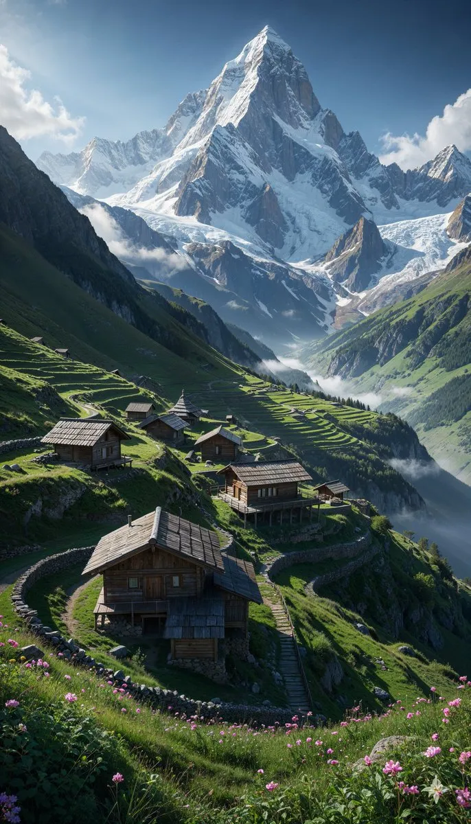 Alpine Village & Majestic Snow-Capped Mountains Landscape - Nature, Landscape - AI Generated Image
