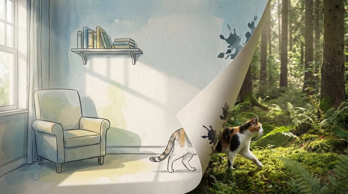 Whimsical Cat Journey: Sketch to Photorealistic Forest - Nature, Landscape - AI Generated Image