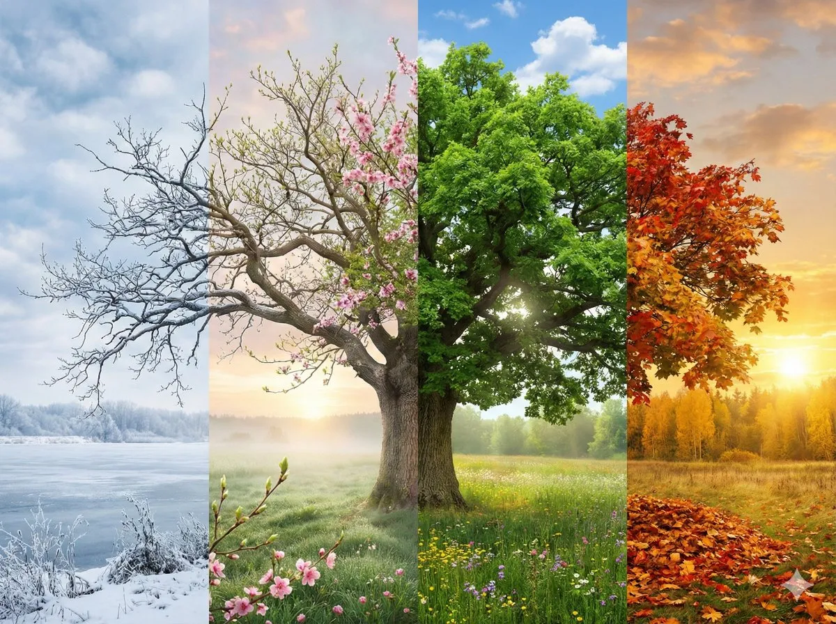 Four Seasons Tree Landscape - Vibrant Nature Cycle - Nature, Landscape - AI Generated Image