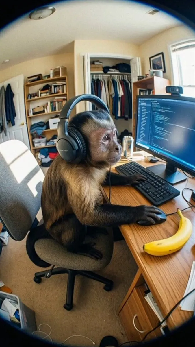 Humorous Capuchin Monkey at Computer with Headphones - Nature, Landscape - AI Generated Image