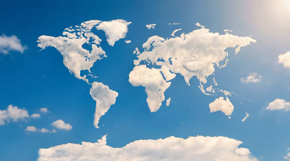 Photorealistic Cloud World Map Art on Blue Sky - Nature, Landscape - AI Generated Image