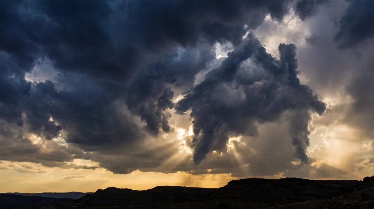 Epic Sunset Sky: Sun Rays Piercing Dark Storm Clouds - Nature, Landscape - AI Generated Image
