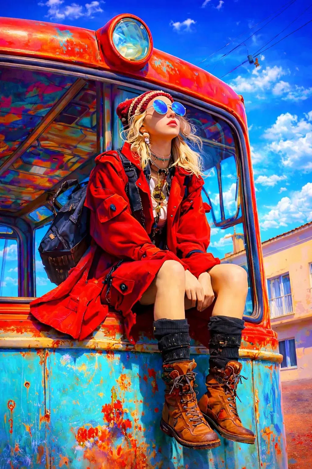 Cinematic Vintage Bus Fashion Travel Portrait - Photography, Landscape, City - AI Generated Image