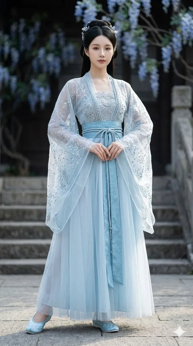 Ethereal Ice Blue Hanfu Bridal Portrait - Portrait, Landscape, Photography - AI Generated Image