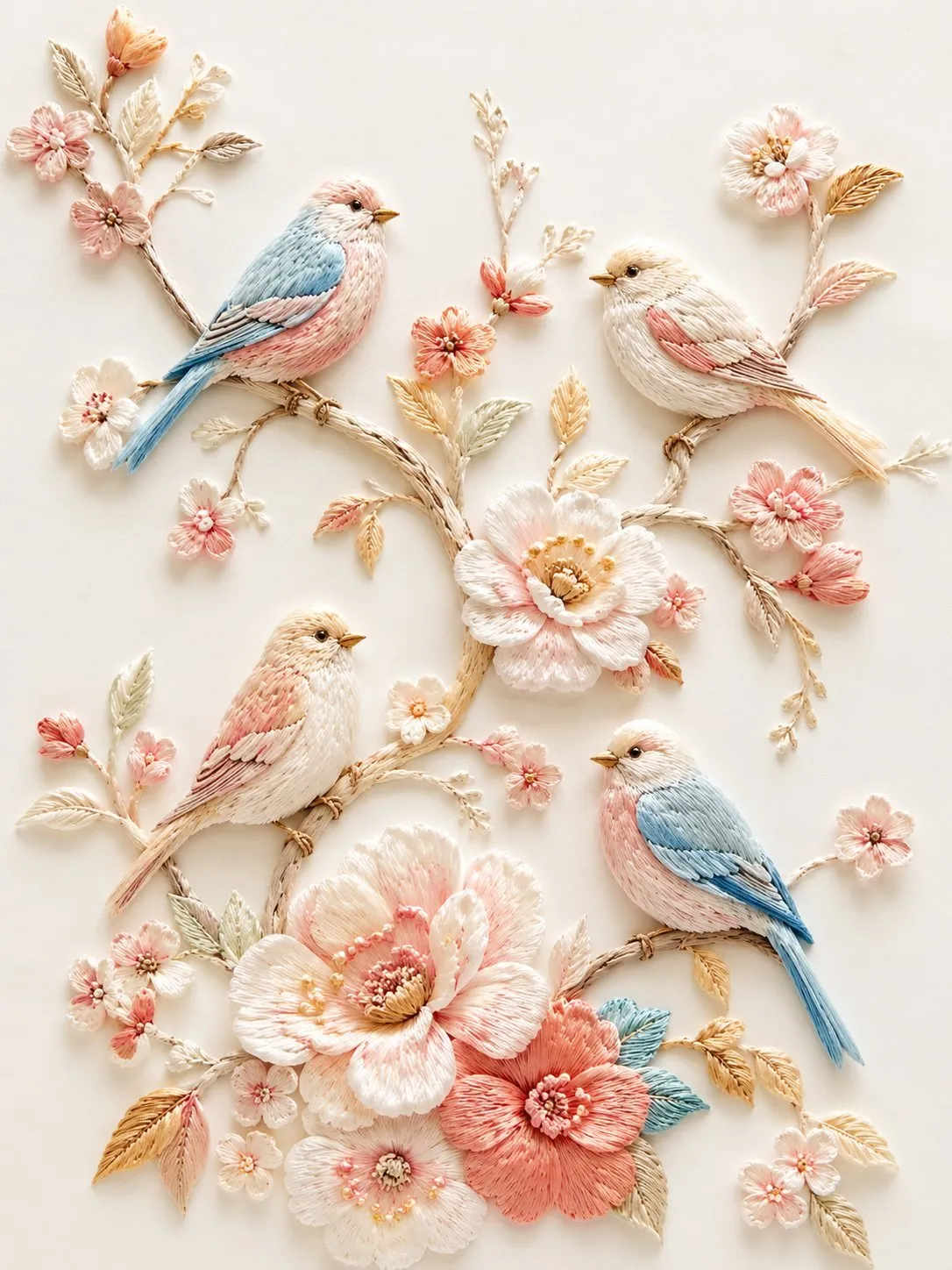 Exquisite Embroidered Birds on Floral Branches - Landscape, Art, Animal - AI Generated Image