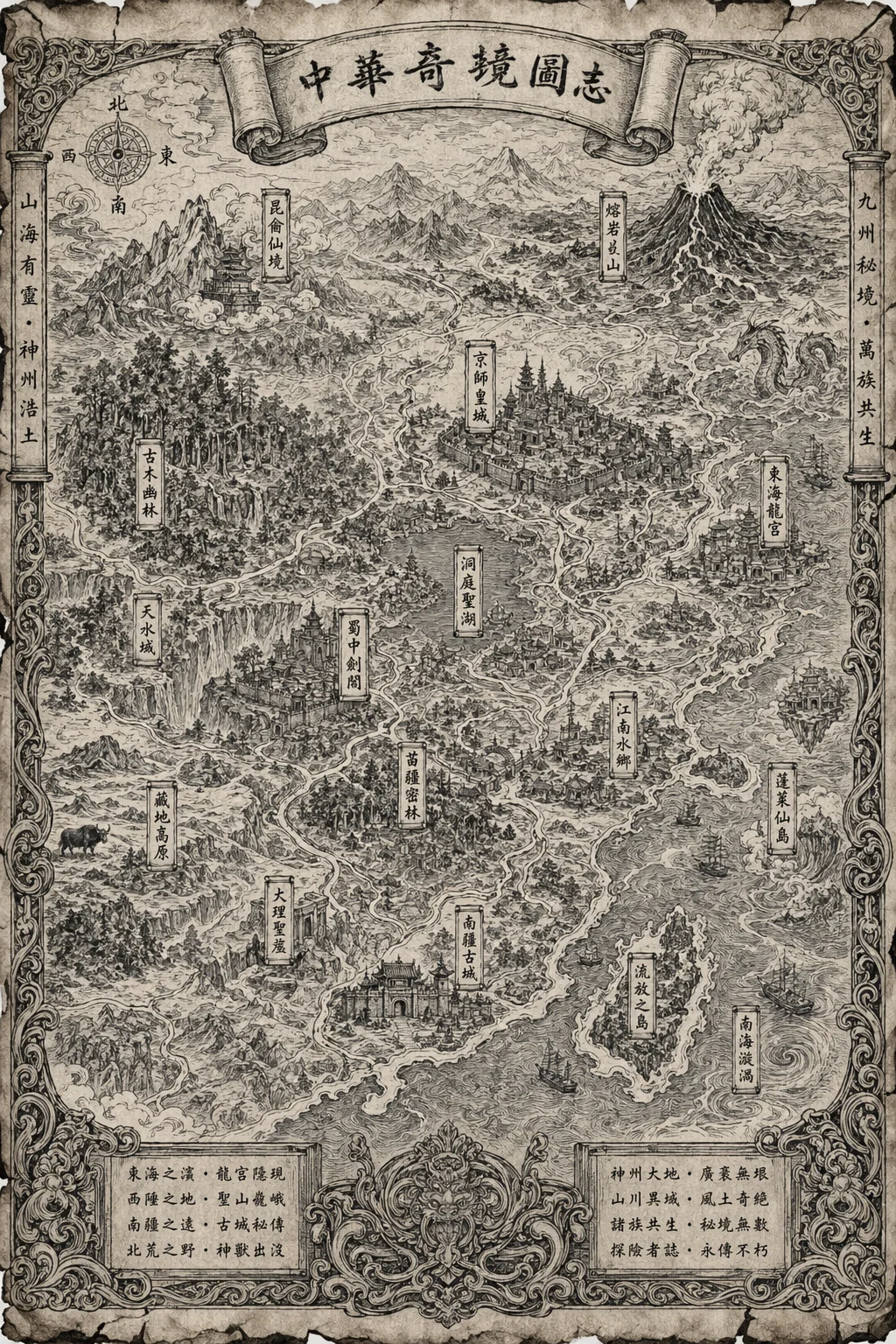 Hand-Drawn Fantasy China Adventure Map - illustration, map - AI Generated Image